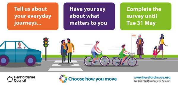 Graphic illustrations of people walking, cycling, travelling by car. Tell us about your everyday journeys; Have your say about what matters to you; Complete the survey until Tuesday 31 May