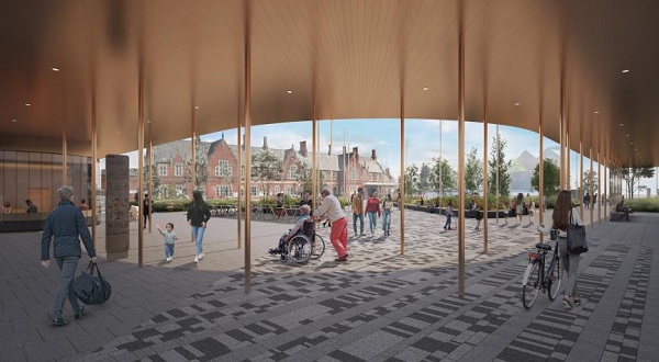 Artists impression of people under the canopy at Hereford Transport Hub