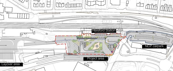 Siteplan of Hereford Transport Hub showing Hereford railway station, layoever area, project area and NCP car park